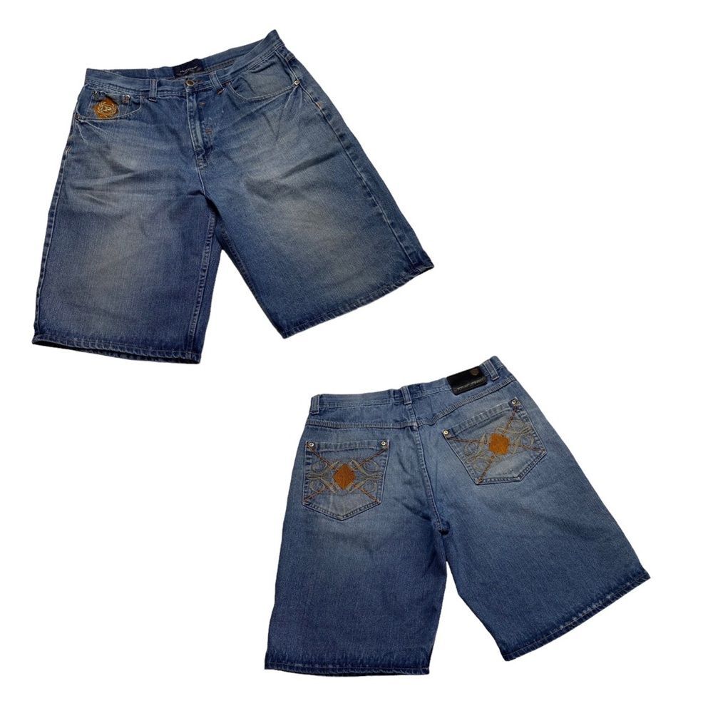Vintage Phat Farm Men’s Embroidered Leather Patch Metal Emblem Denim Shorts 36